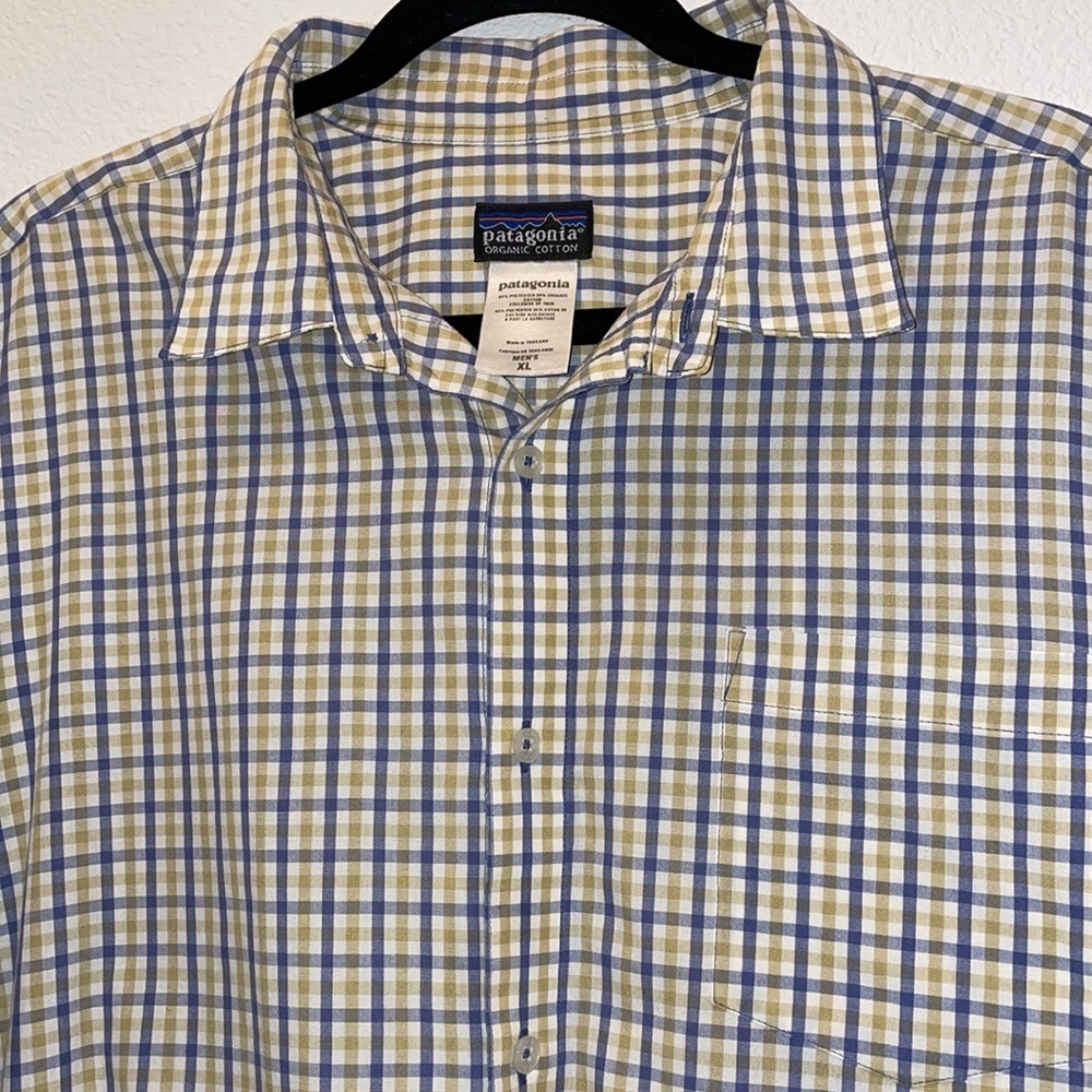 Patagonia Men’s Organic Cotton Button up X-Large Short sleeve Shirt Green Blue